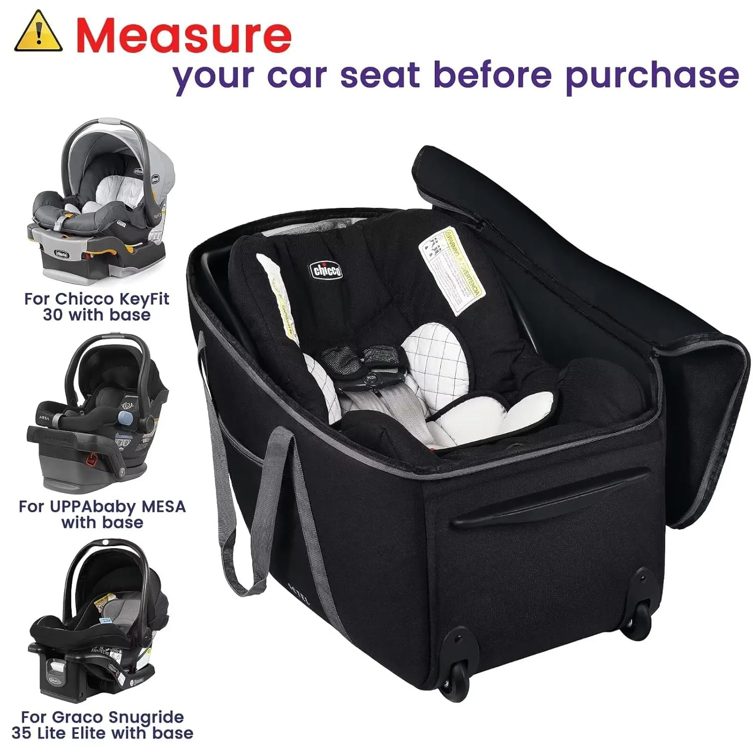 Car Seat Travel Bag for Airplane Fits Chicco KeyFit 30, UPPAbaby MESA, Nuna Pipa, Padded Car Seat Bag with Wheels, Infant Gate Check Bag with side pocket, Protective Feet, Adjustable Handle