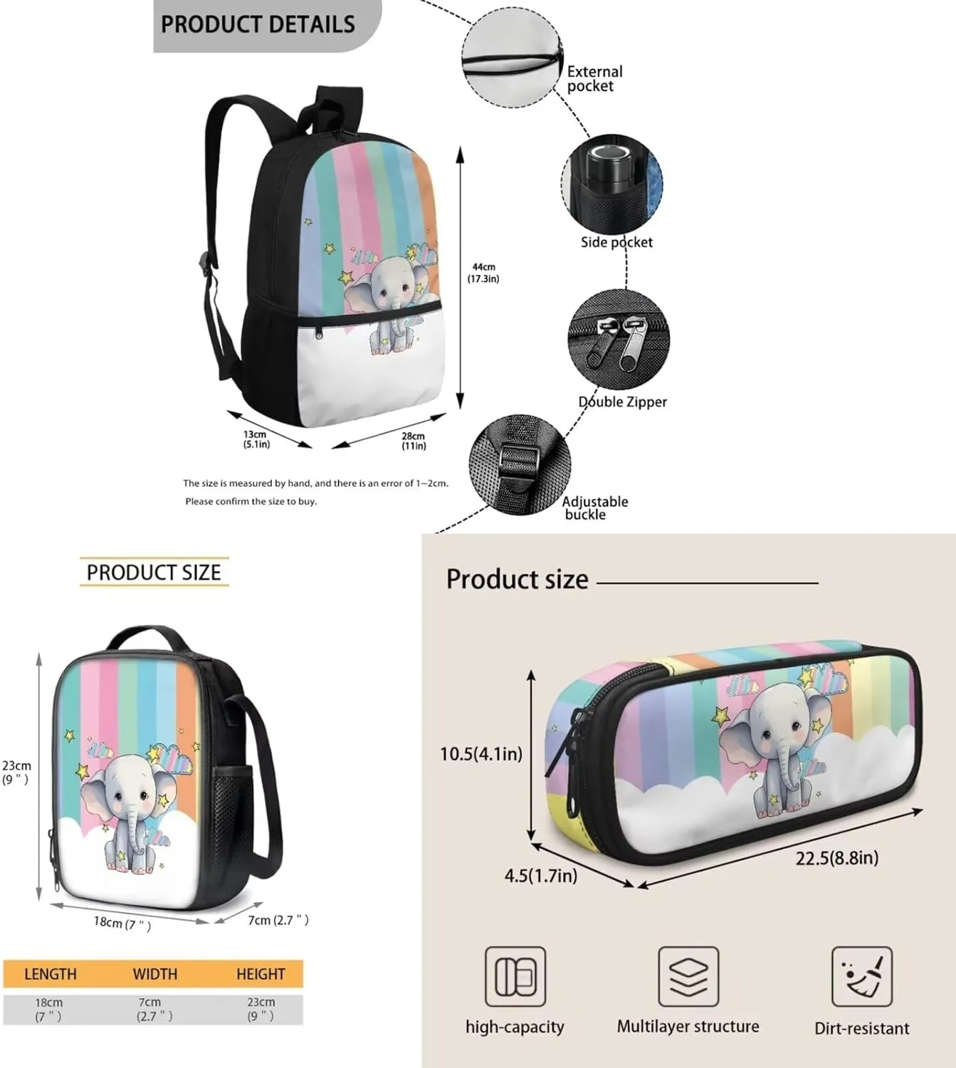 Cartoon Elephant Backpack for Boys Kids Set of 3 Bookbag with Lunch Box and Pencil Pouch Set Cute School Backpack for Elementary Preschool Kindergarten Primary School Stundet