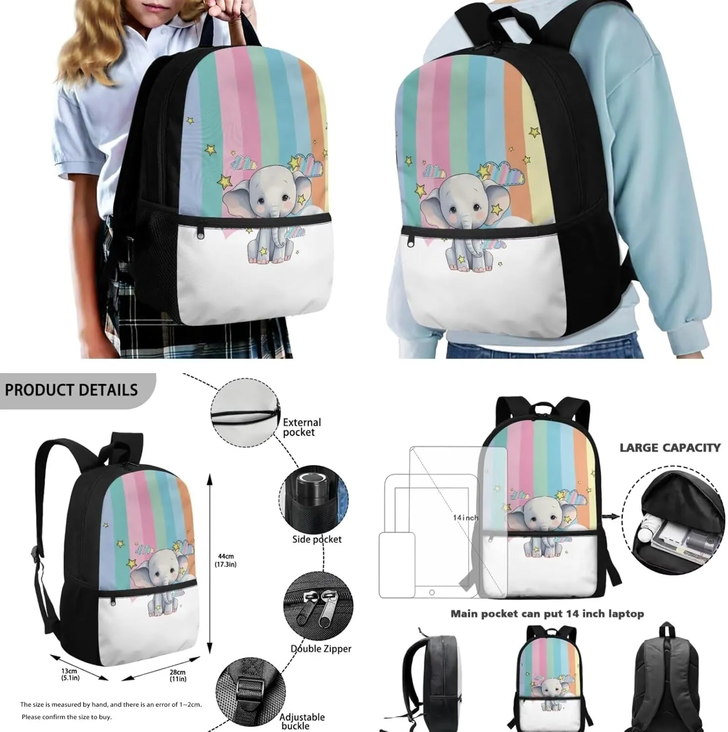 Cartoon Elephant Backpack for Boys Kids Set of 3 Bookbag with Lunch Box and Pencil Pouch Set Cute School Backpack for Elementary Preschool Kindergarten Primary School Stundet