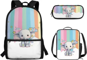 Cartoon Elephant Backpack for Boys Kids Set of 3 Bookbag with Lunch Box and Pencil Pouch Set Cute School Backpack for Elementary Preschool Kindergarten Primary School Stundet