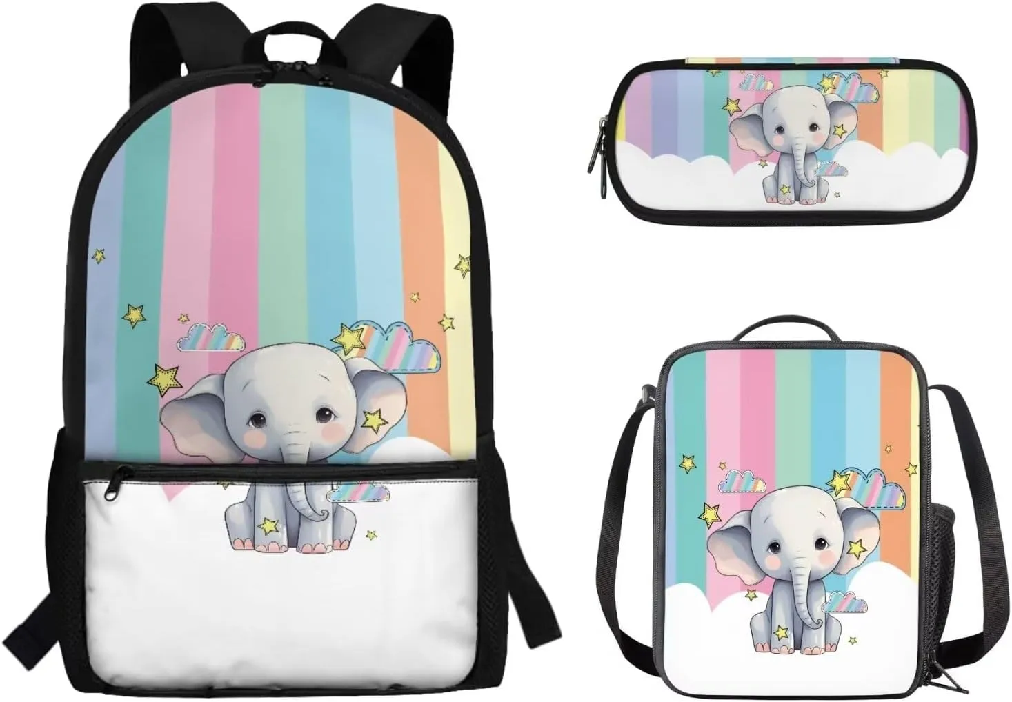 Cartoon Elephant Backpack for Boys Kids Set of 3 Bookbag with Lunch Box and Pencil Pouch Set Cute School Backpack for Elementary Preschool Kindergarten Primary School Stundet