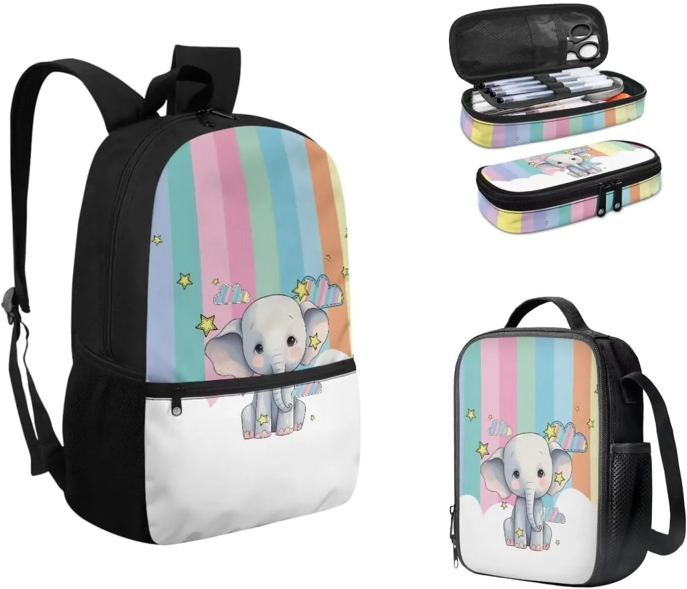 Cartoon Elephant Backpack for Boys Kids Set of 3 Bookbag with Lunch Box and Pencil Pouch Set Cute School Backpack for Elementary Preschool Kindergarten Primary School Stundet
