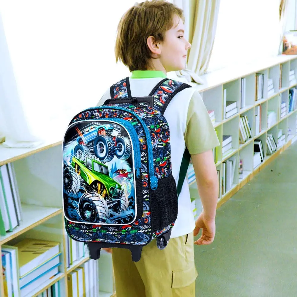 CCJPX 3PCS Cars Rolling Backpack for Boys, Kids Roller Wheels School Bookbag Set, Travel Wheeled School Bag for Toddler Elementary Children-Blue