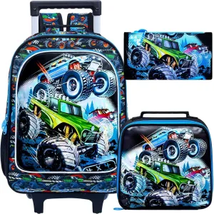 CCJPX 3PCS Cars Rolling Backpack for Boys, Kids Roller Wheels School Bookbag Set, Travel Wheeled School Bag for Toddler Elementary Children-Blue
