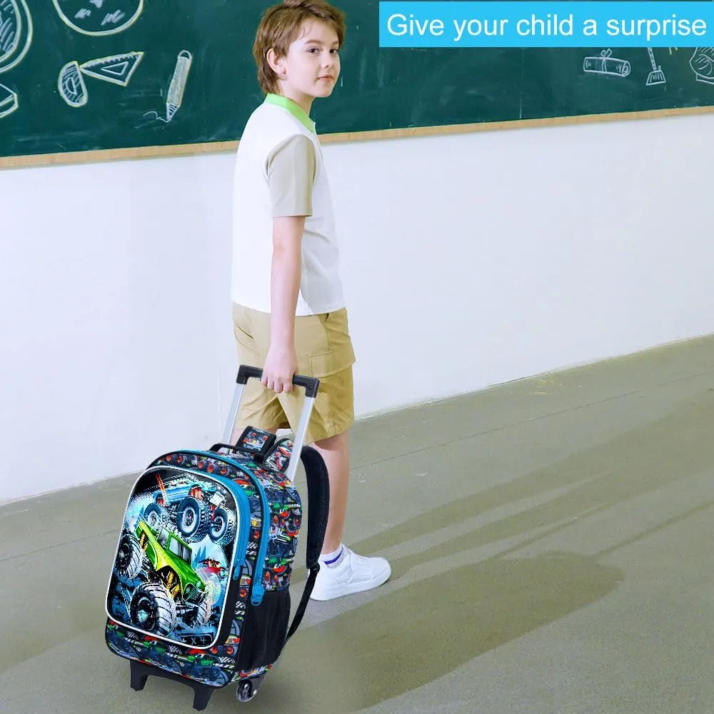 CCJPX 3PCS Cars Rolling Backpack for Boys, Kids Roller Wheels School Bookbag Set, Travel Wheeled School Bag for Toddler Elementary Children-Blue