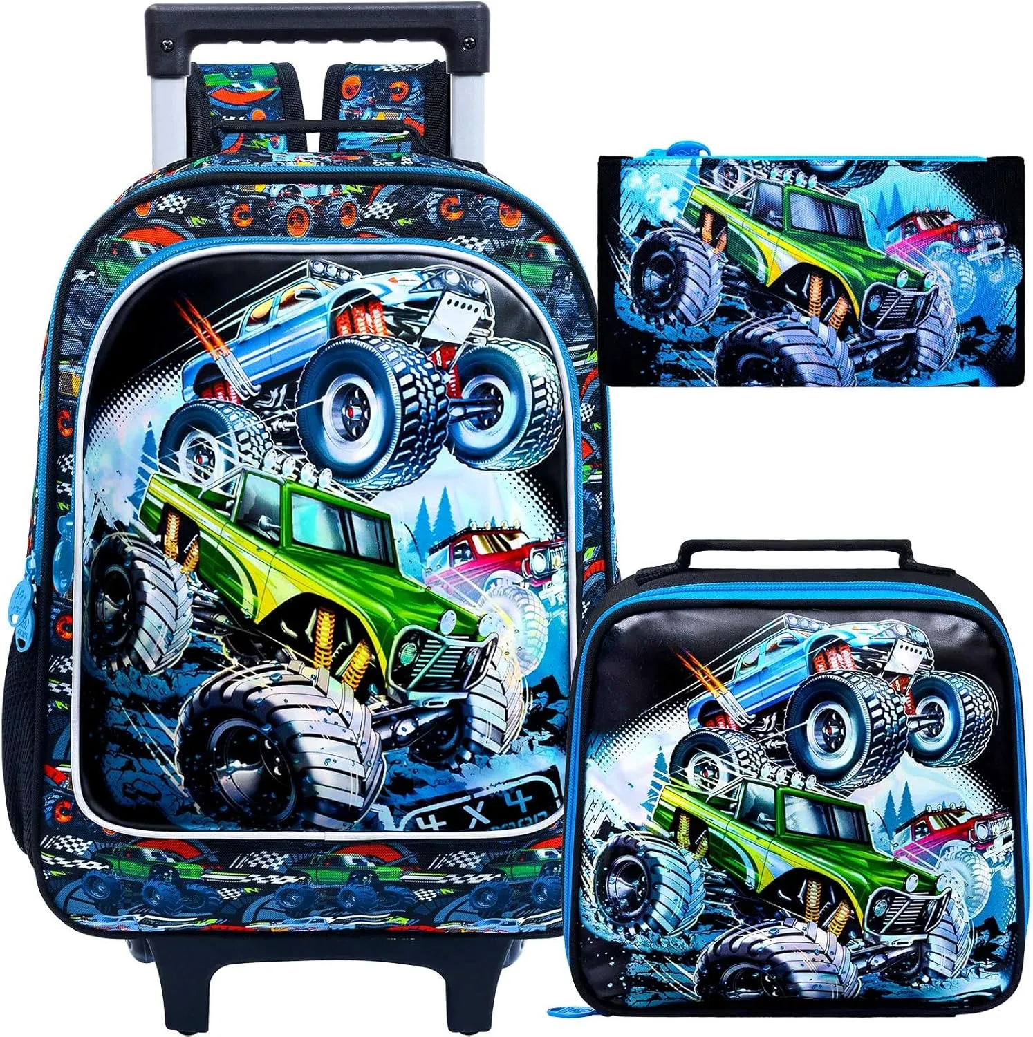 CCJPX 3PCS Cars Rolling Backpack for Boys, Kids Roller Wheels School Bookbag Set, Travel Wheeled School Bag for Toddler Elementary Children-Blue