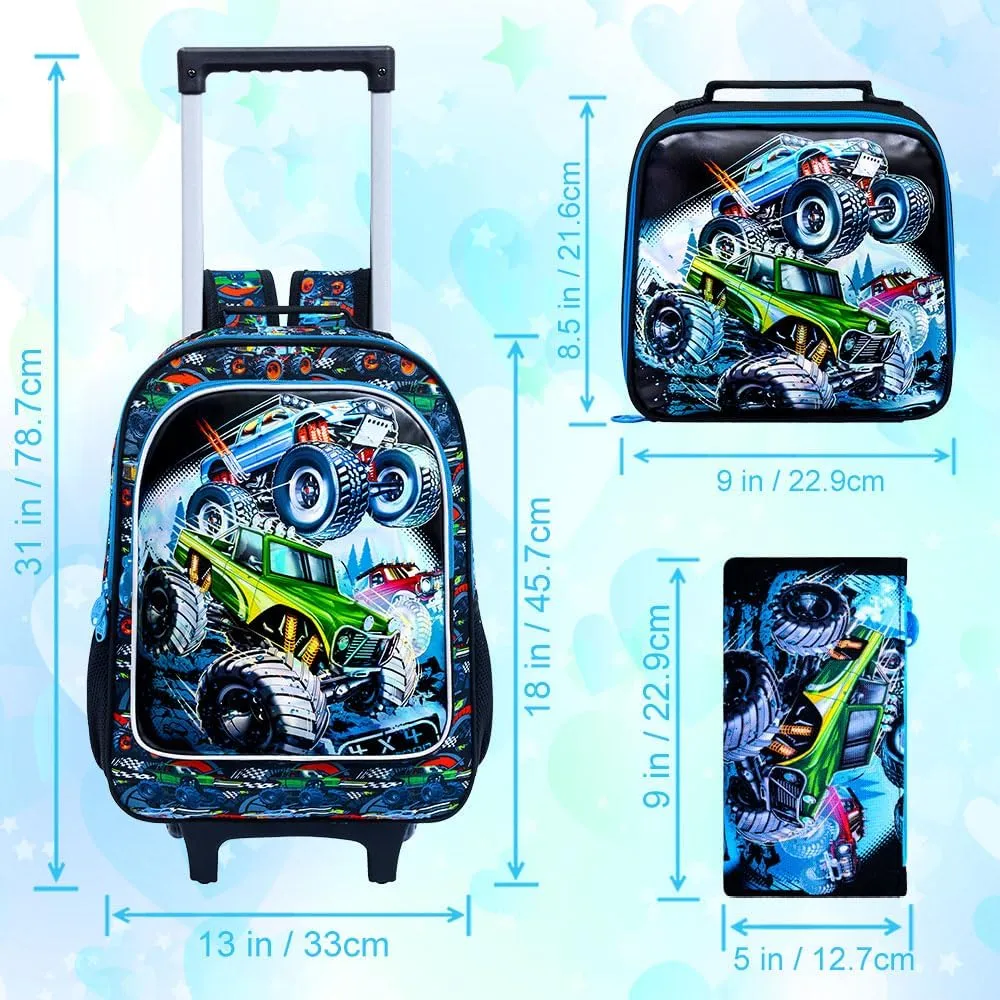 CCJPX 3PCS Cars Rolling Backpack for Boys, Kids Roller Wheels School Bookbag Set, Travel Wheeled School Bag for Toddler Elementary Children-Blue