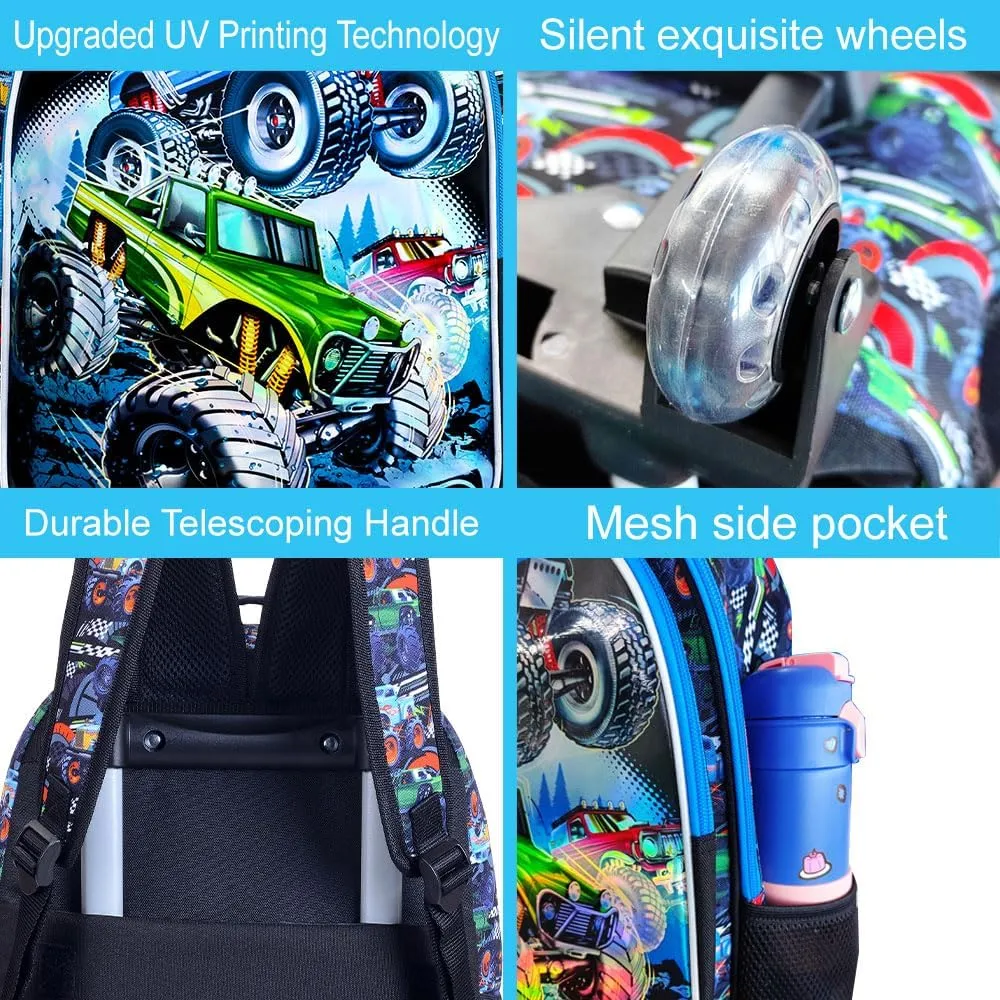 CCJPX 3PCS Cars Rolling Backpack for Boys, Kids Roller Wheels School Bookbag Set, Travel Wheeled School Bag for Toddler Elementary Children-Blue