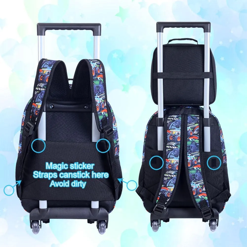 CCJPX 3PCS Cars Rolling Backpack for Boys, Kids Roller Wheels School Bookbag Set, Travel Wheeled School Bag for Toddler Elementary Children-Blue