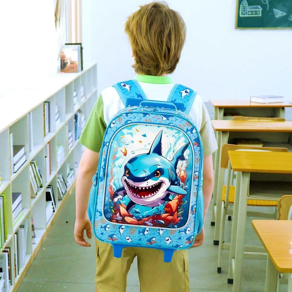 CCJPX 3PCS Shark Rolling Backpack for Boys, Kids Backpacks with Roller Wheels, Wheeled Bookbag with Lunch Box for Toddler Elementary School-Blue