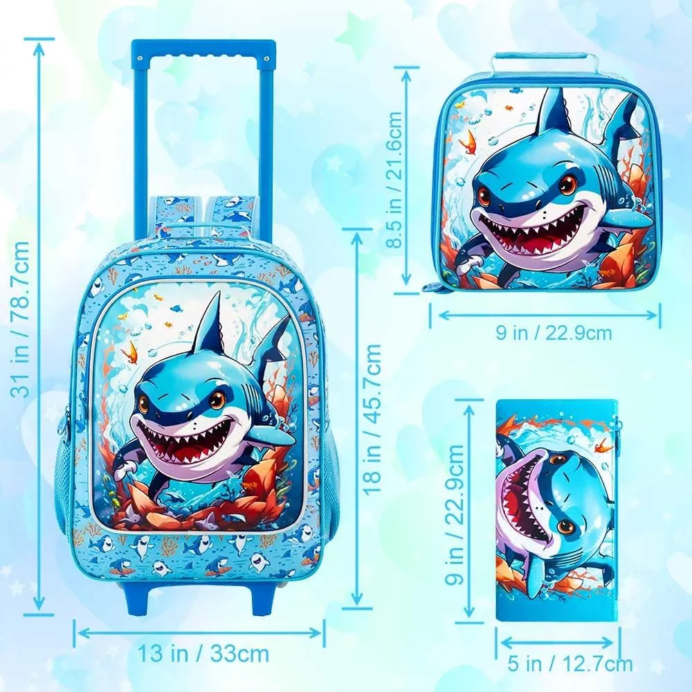 CCJPX 3PCS Shark Rolling Backpack for Boys, Kids Backpacks with Roller Wheels, Wheeled Bookbag with Lunch Box for Toddler Elementary School-Blue