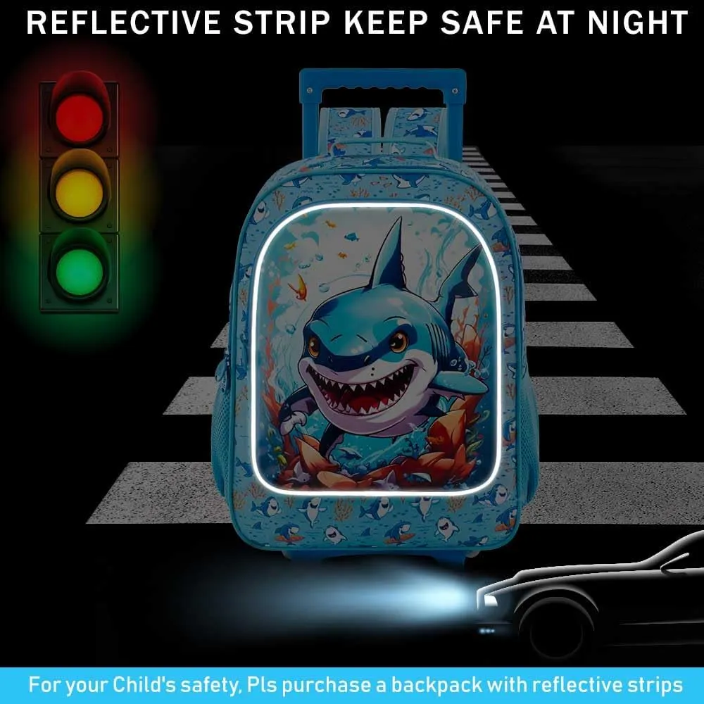 CCJPX 3PCS Shark Rolling Backpack for Boys, Kids Backpacks with Roller Wheels, Wheeled Bookbag with Lunch Box for Toddler Elementary School-Blue