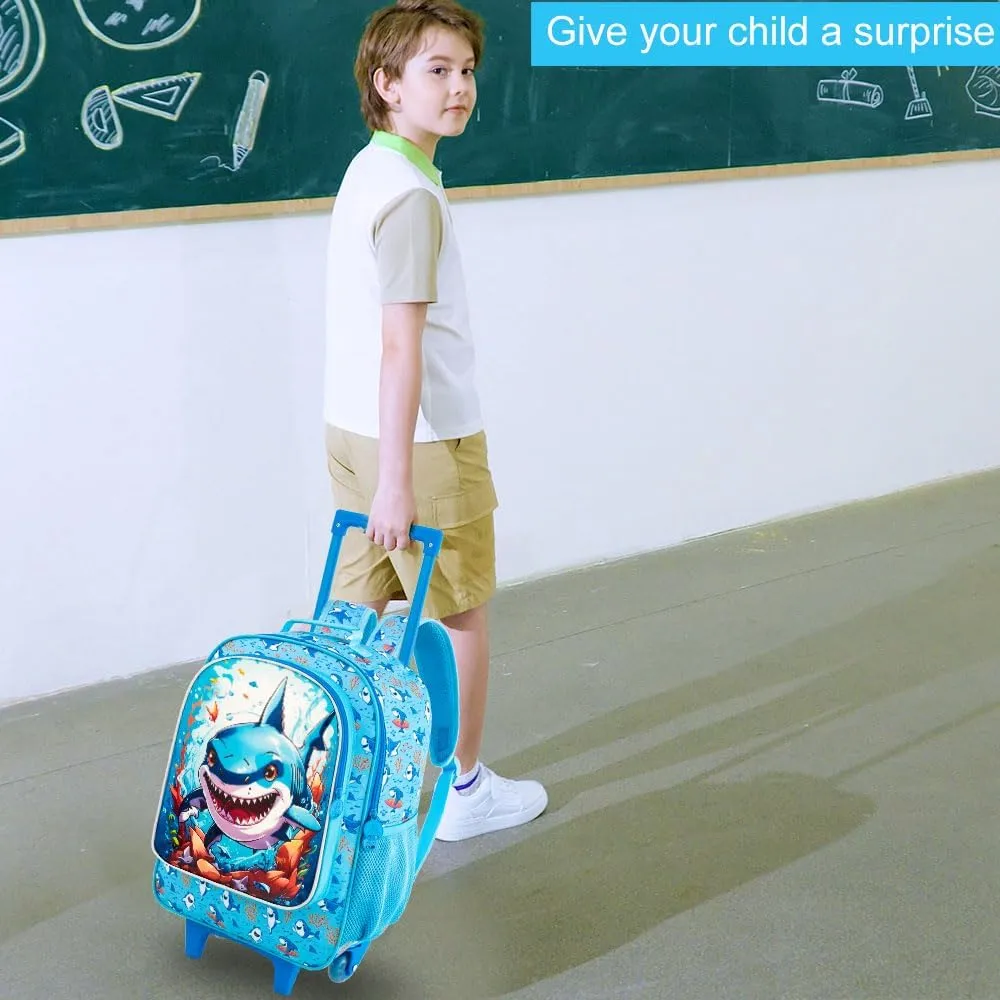 CCJPX 3PCS Shark Rolling Backpack for Boys, Kids Backpacks with Roller Wheels, Wheeled Bookbag with Lunch Box for Toddler Elementary School-Blue