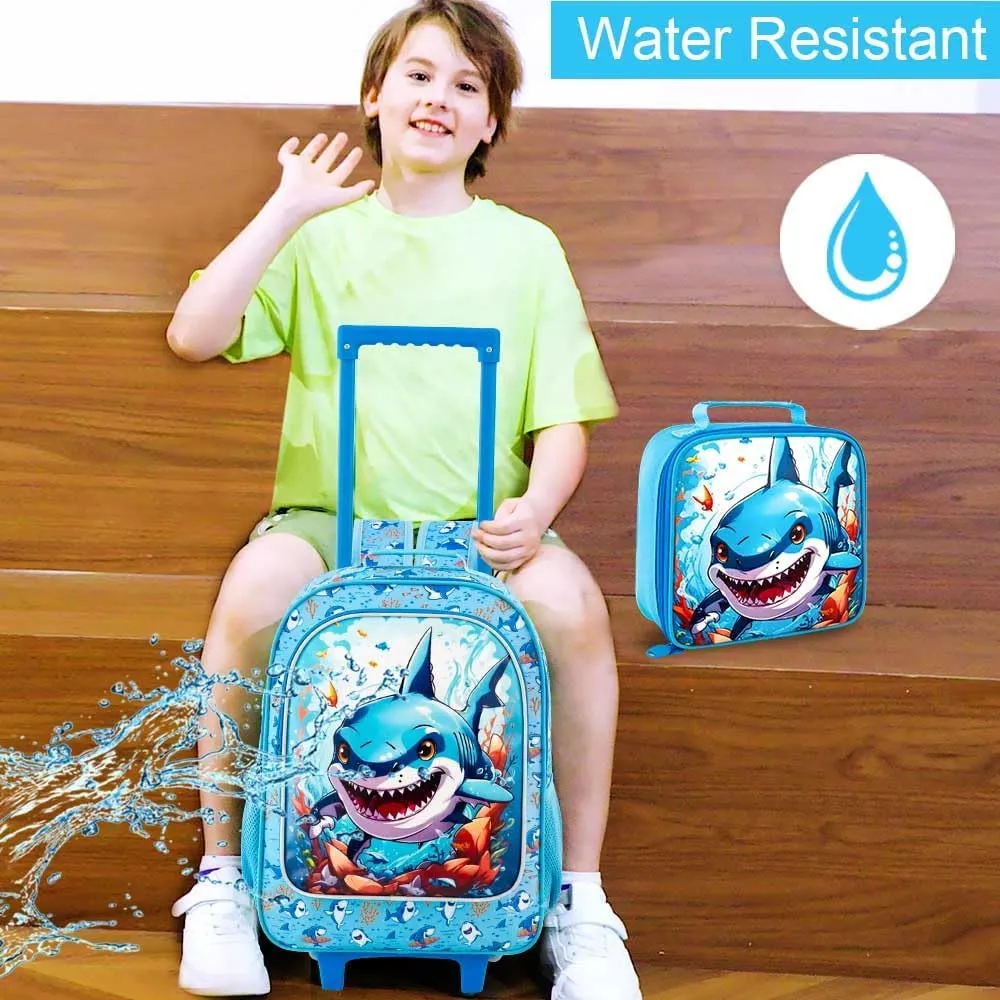 CCJPX 3PCS Shark Rolling Backpack for Boys, Kids Backpacks with Roller Wheels, Wheeled Bookbag with Lunch Box for Toddler Elementary School-Blue