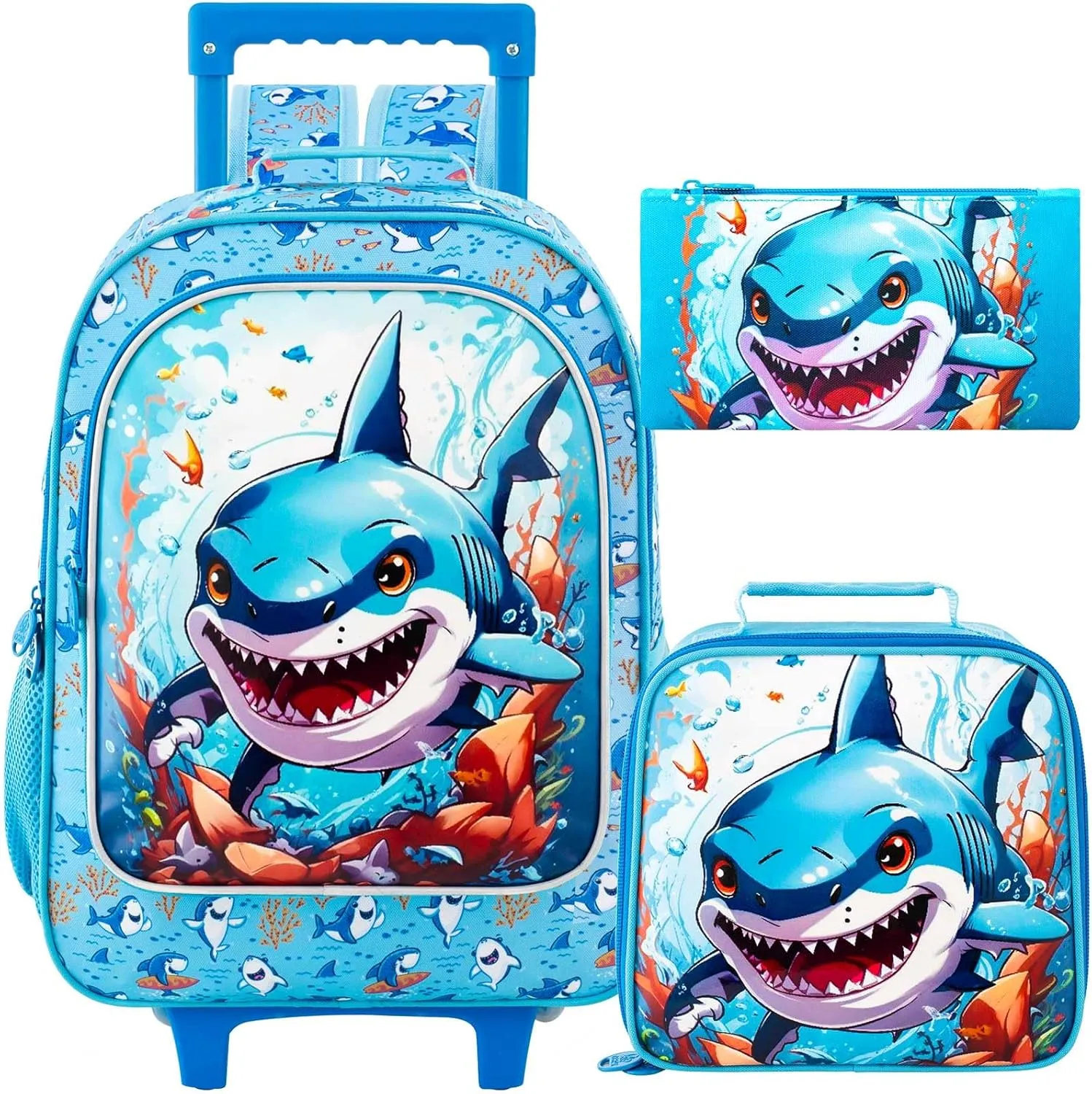 CCJPX 3PCS Shark Rolling Backpack for Boys, Kids Backpacks with Roller Wheels, Wheeled Bookbag with Lunch Box for Toddler Elementary School-Blue