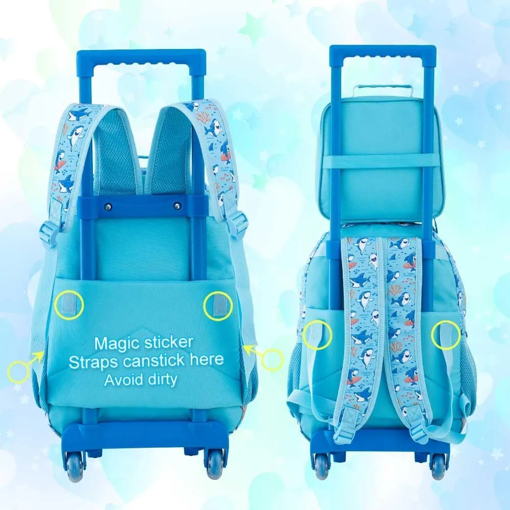 CCJPX 3PCS Shark Rolling Backpack for Boys, Kids Backpacks with Roller Wheels, Wheeled Bookbag with Lunch Box for Toddler Elementary School-Blue