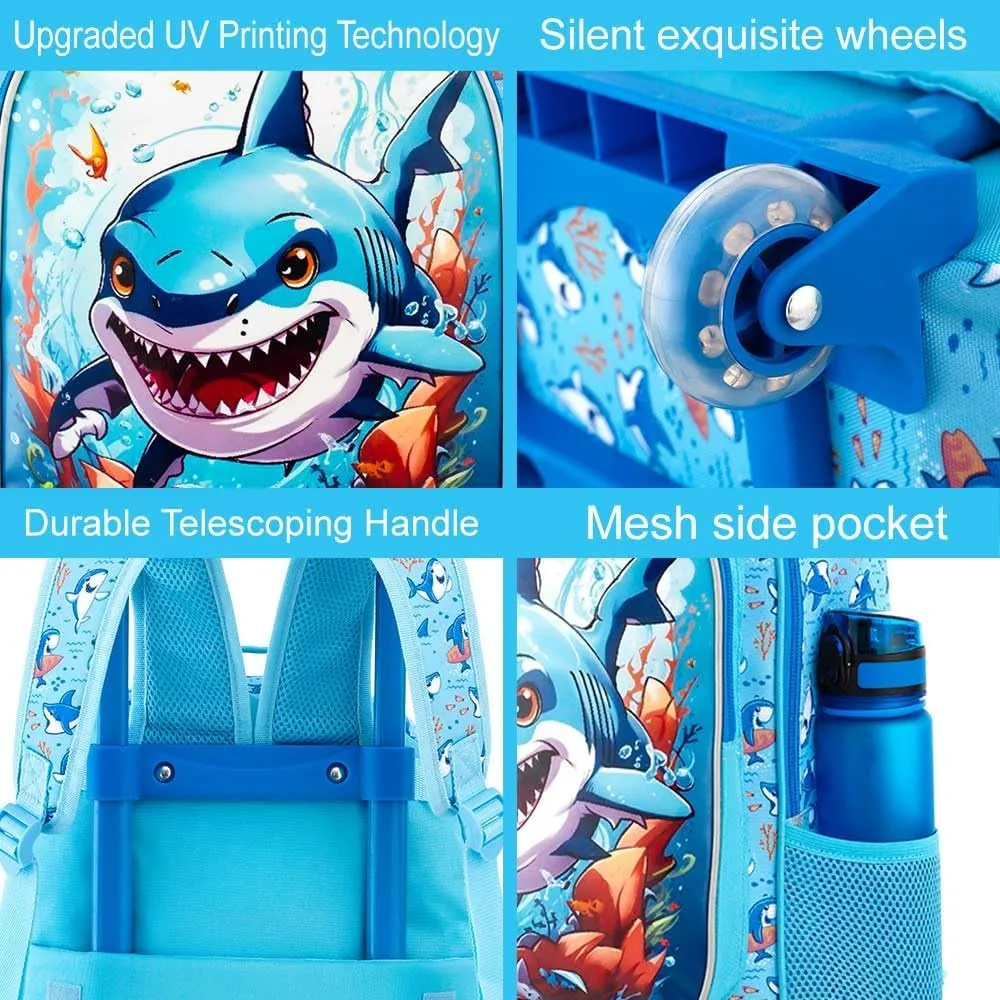 CCJPX 3PCS Shark Rolling Backpack for Boys, Kids Backpacks with Roller Wheels, Wheeled Bookbag with Lunch Box for Toddler Elementary School-Blue