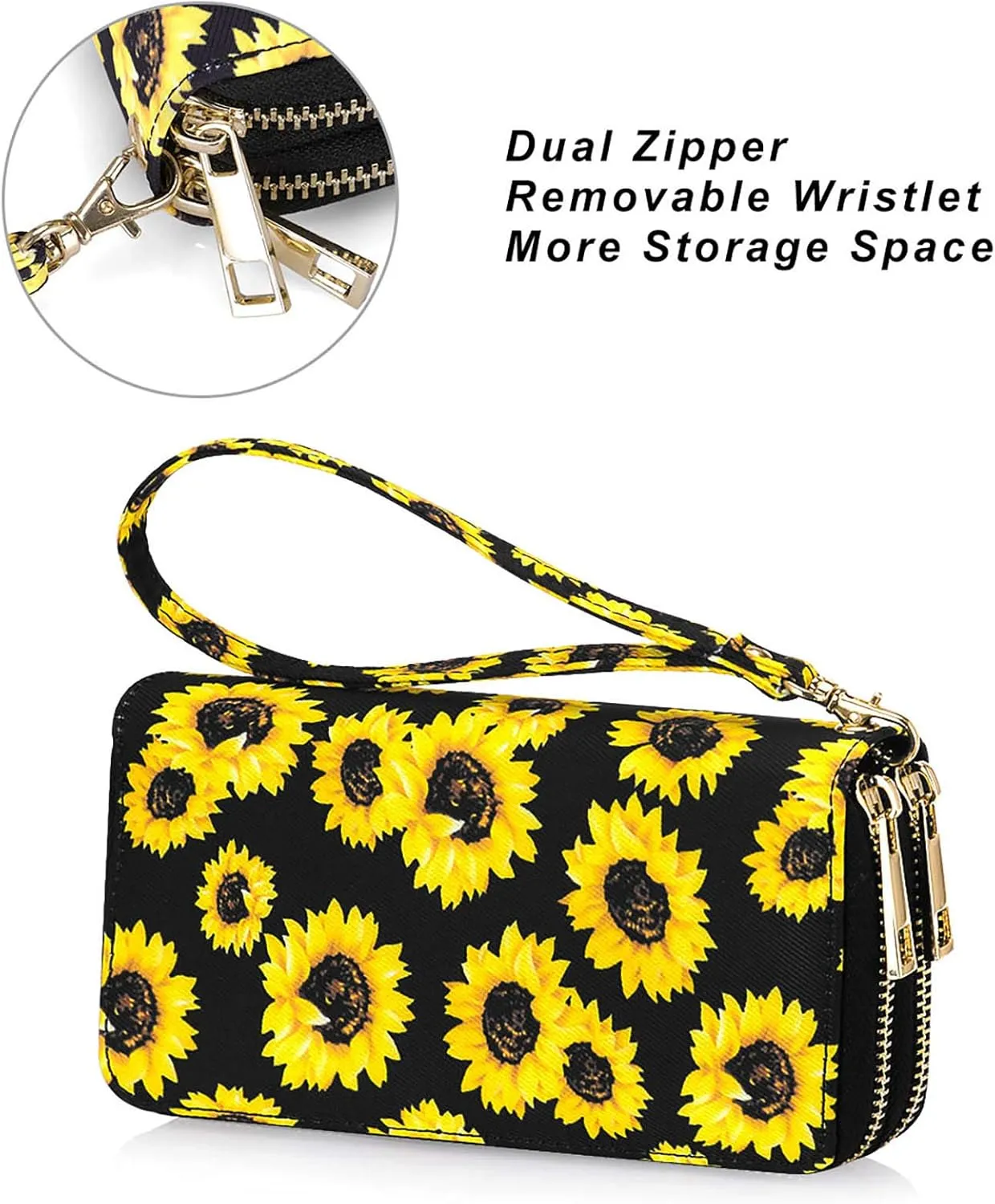 Cellphone Wallet for Women Dual Zipper Long Purse with Removable Wristlet