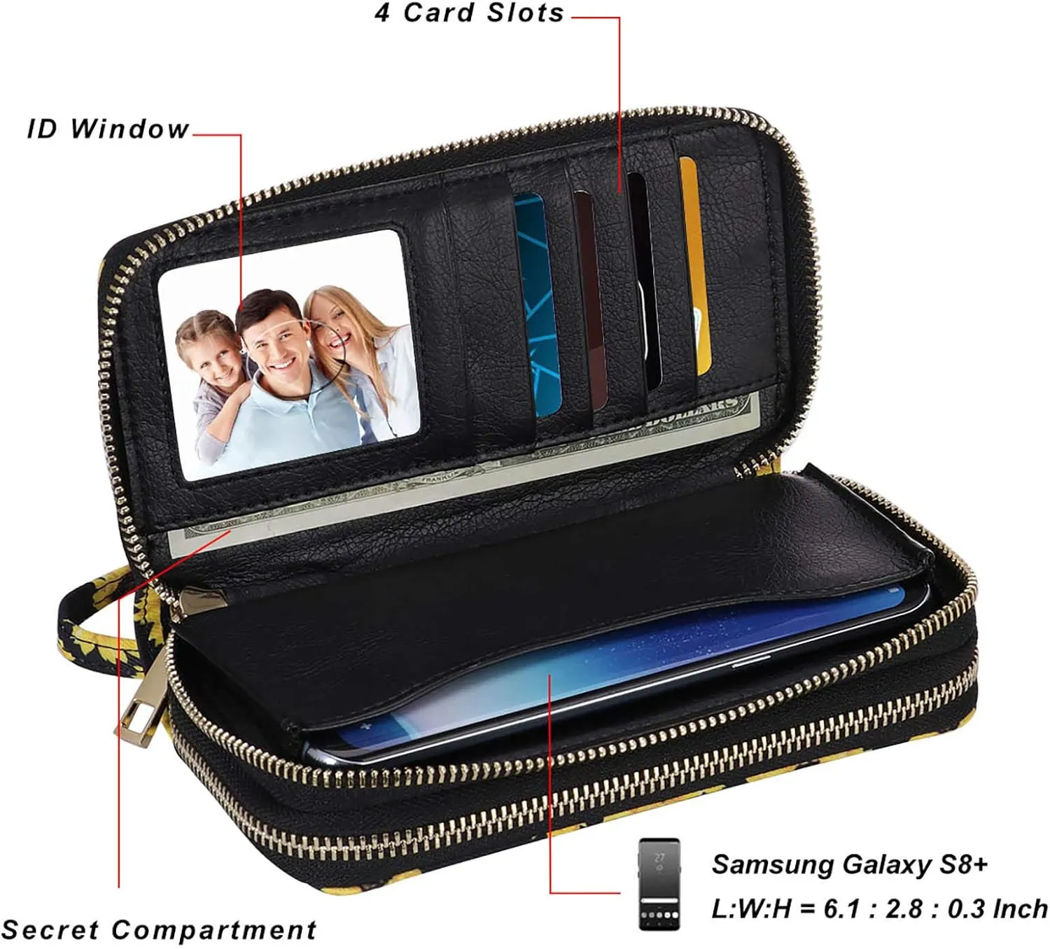 Cellphone Wallet for Women Dual Zipper Long Purse with Removable Wristlet