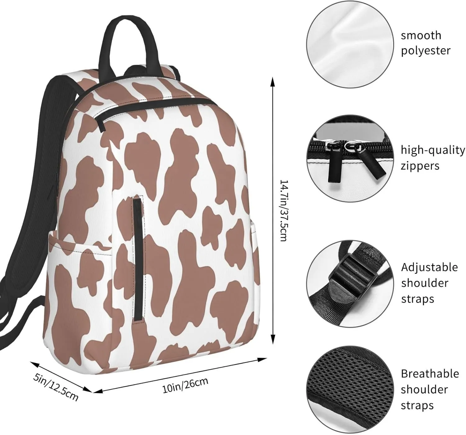 Chocolate Brown Black Cow Print Aesthetic Casual Backpacks Large Capacity Laptop Backpack Sports Rucksack Travel Daypack Adjustable Shoulder Strap Work Bag for Outdoor Camping