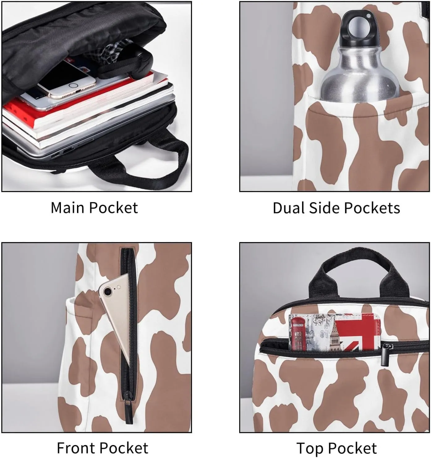 Chocolate Brown Black Cow Print Aesthetic Casual Backpacks Large Capacity Laptop Backpack Sports Rucksack Travel Daypack Adjustable Shoulder Strap Work Bag for Outdoor Camping