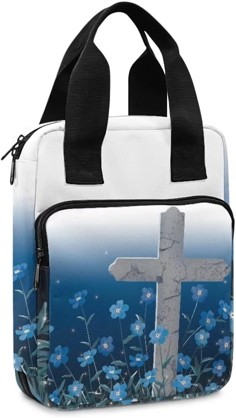 Christian Print Bible Cover,Polyester Bible Case for Women,Cross Floral Print Bible Bag Bible Case with Top Handle