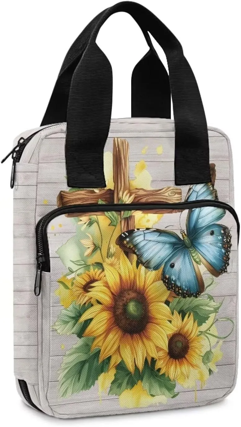 Christian Print Bible Cover,Polyester Bible Case for Women,Cross Floral Print Bible Bag Bible Case with Top Handle