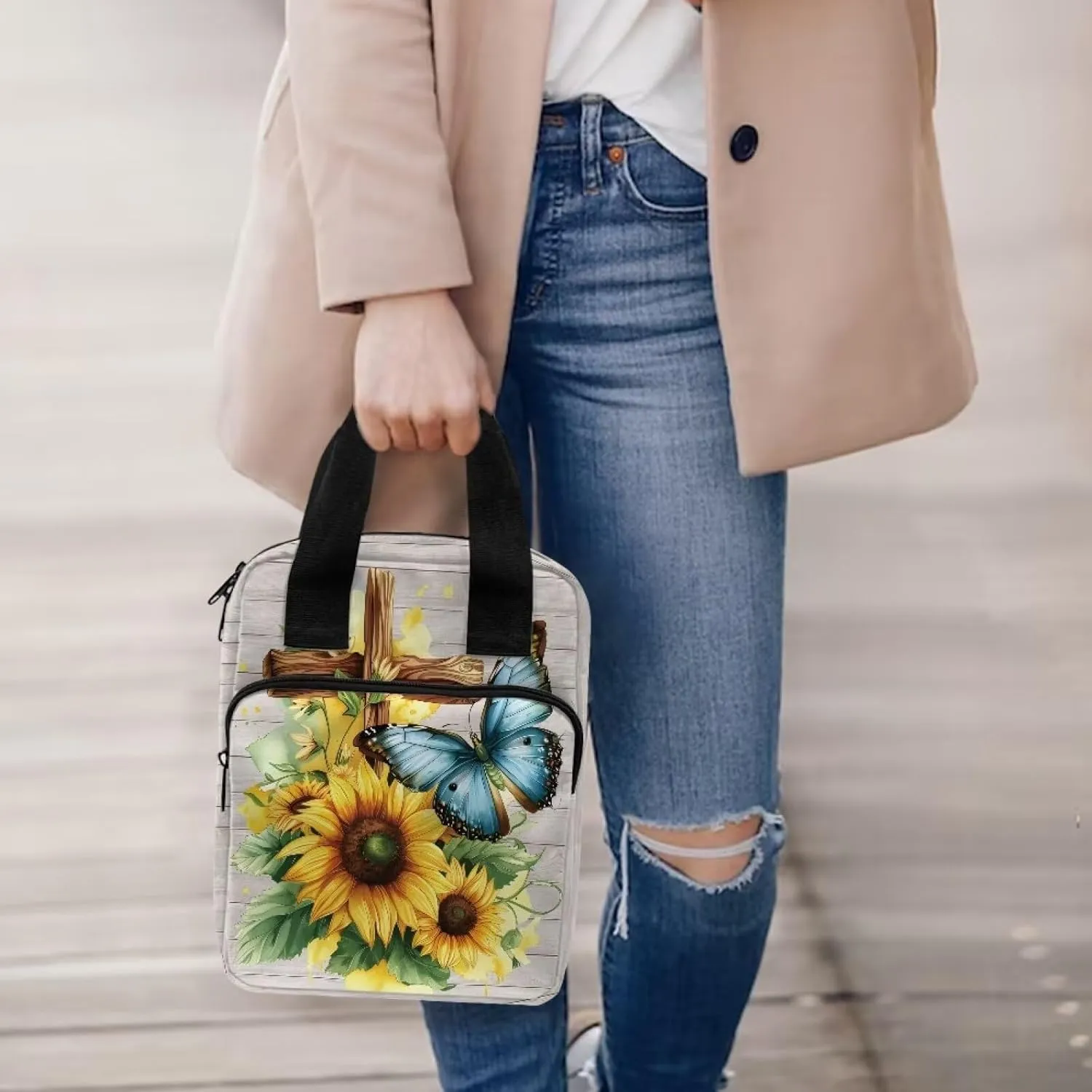 Christian Print Bible Cover,Polyester Bible Case for Women,Cross Floral Print Bible Bag Bible Case with Top Handle