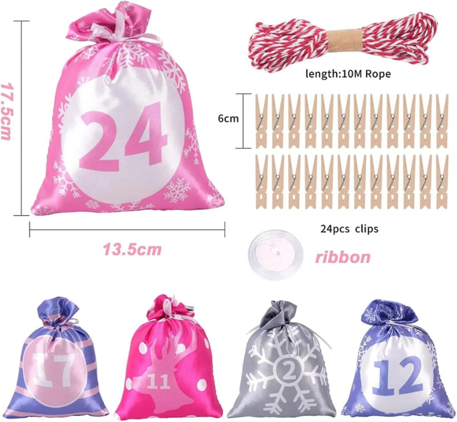 Christmas Advent Calendar Bags, 24 Days Countdown Satin Bags Hanging Advent Calendar Gift Favors for Xmas Decorations