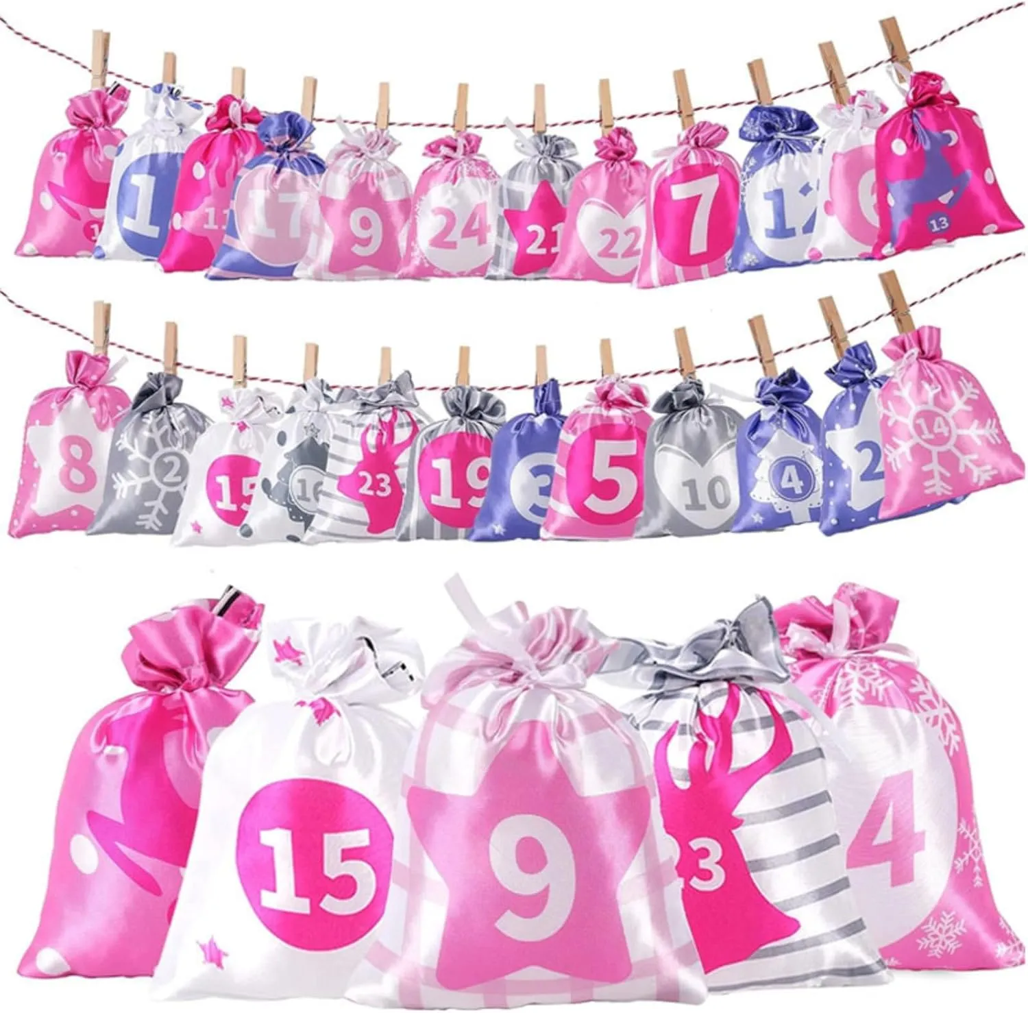 Christmas Advent Calendar Bags, 24 Days Countdown Satin Bags Hanging Advent Calendar Gift Favors for Xmas Decorations