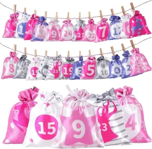 Christmas Advent Calendar Bags, 24 Days Countdown Satin Bags Hanging Advent Calendar Gift Favors for Xmas Decorations