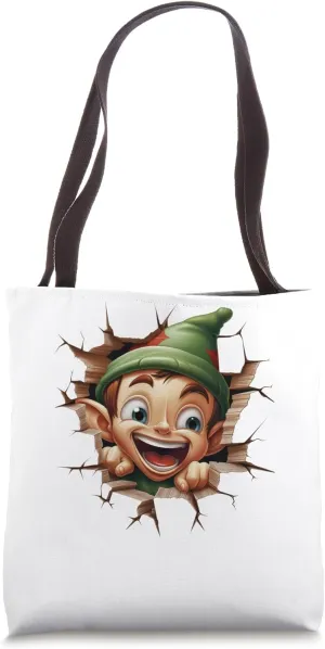 Christmas Break Through - Cute Elf Coming Out Of Hole Tote Bag