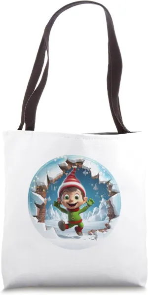 Christmas Break Through - Cute Elf Coming Out Of Hole Tote Bag