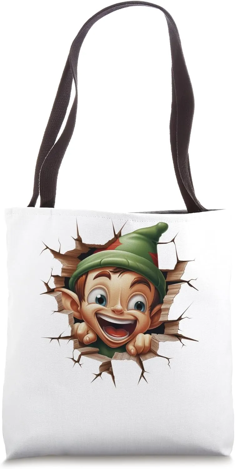 Christmas Break Through - Cute Elf Coming Out Of Hole Tote Bag