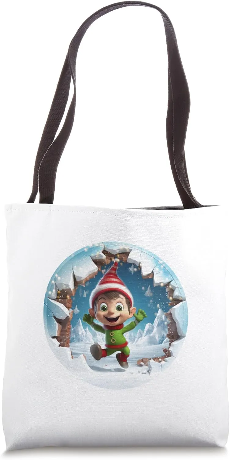Christmas Break Through - Cute Elf Coming Out Of Hole Tote Bag