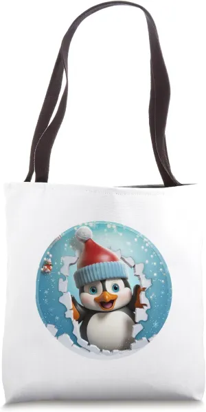 Christmas Break Through - Cute Penguin Coming Out of Hole Tote Bag