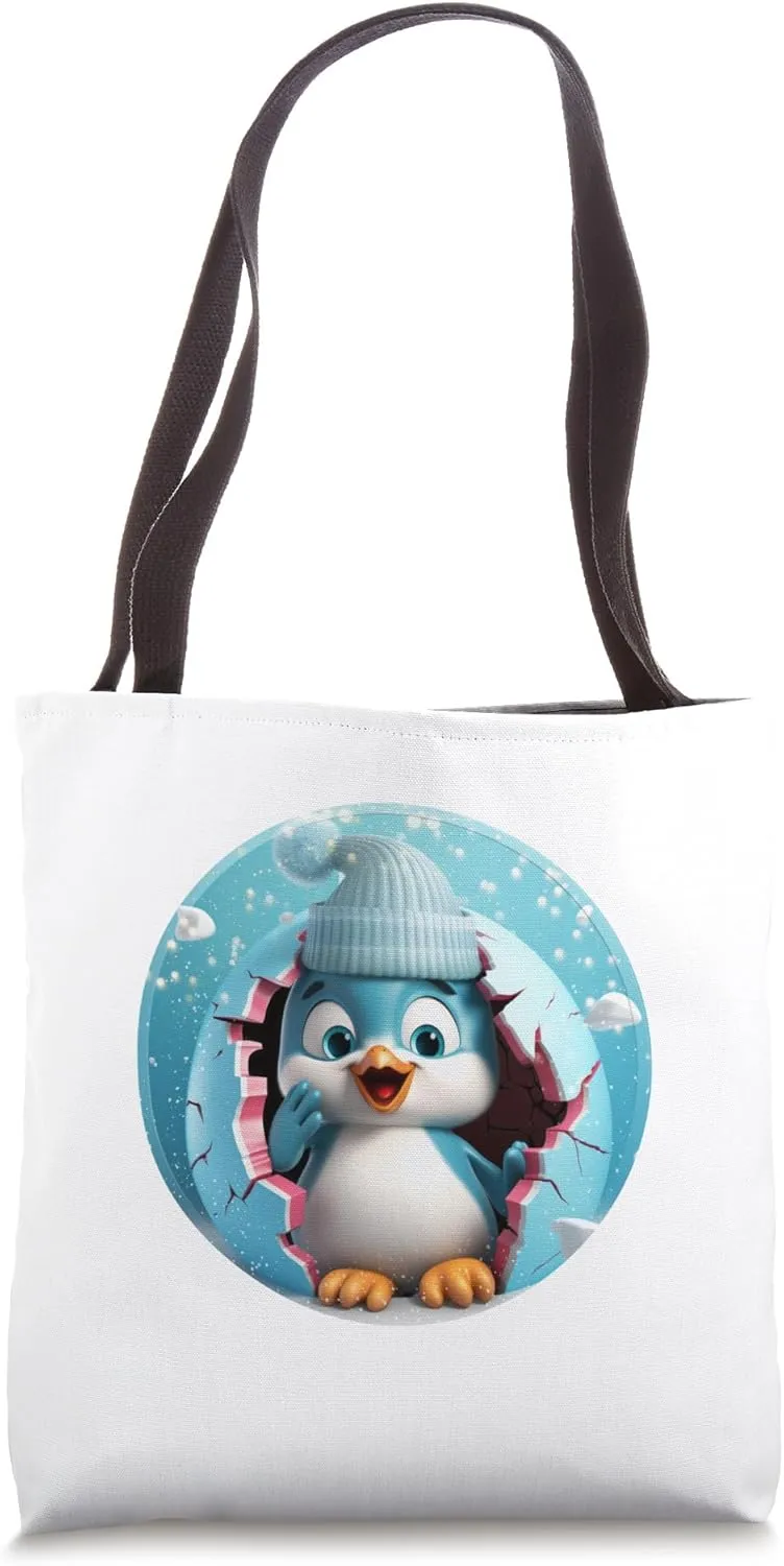 Christmas Break Through - Cute Penguin Coming Out Of Hole Tote Bag