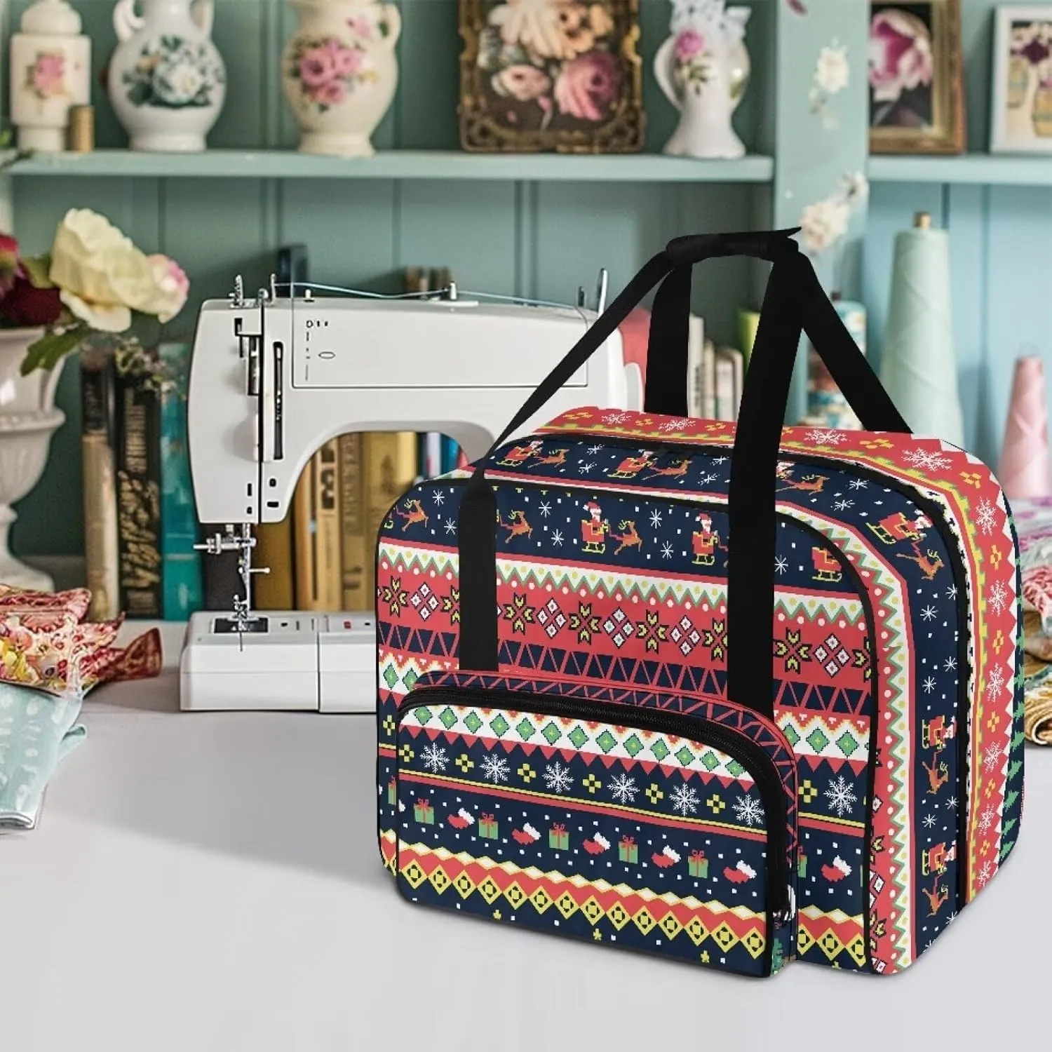 Christmas Print Sewing Machine Case with Top Wide Opening Portable Storage Bag Fit Most Standard Sewing Machines Large Capacity for Sewing Supplies