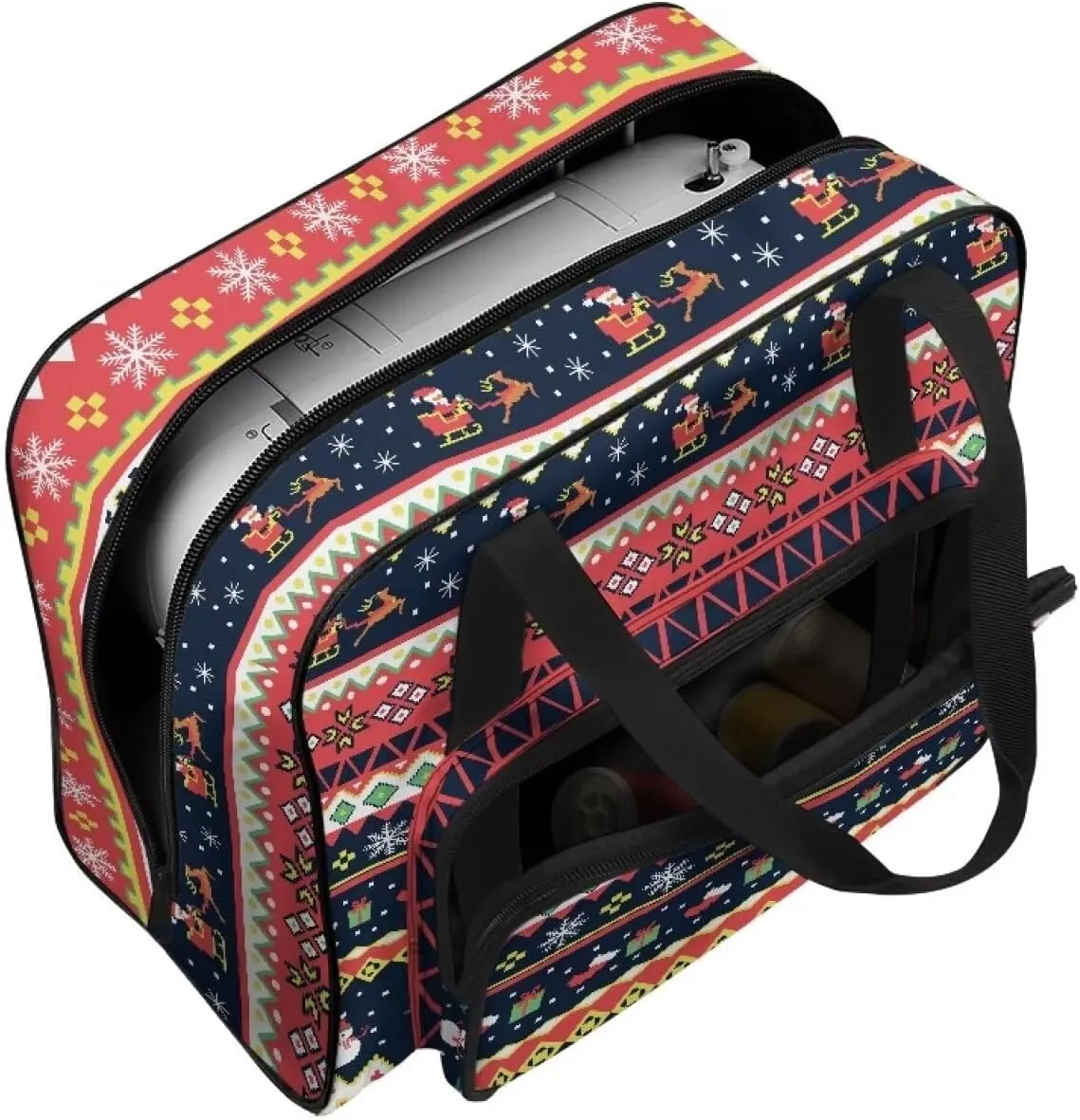 Christmas Print Sewing Machine Case with Top Wide Opening Portable Storage Bag Fit Most Standard Sewing Machines Large Capacity for Sewing Supplies