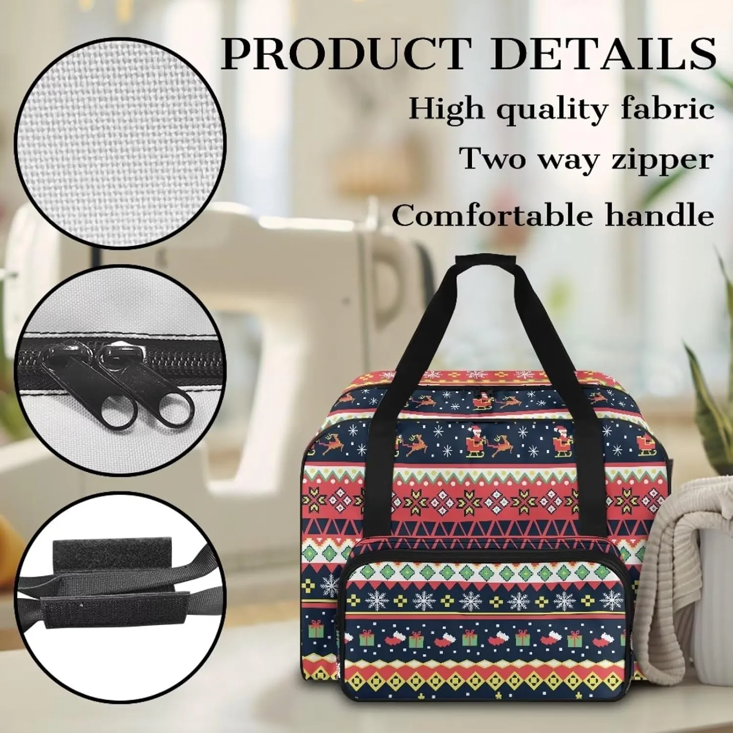 Christmas Print Sewing Machine Case with Top Wide Opening Portable Storage Bag Fit Most Standard Sewing Machines Large Capacity for Sewing Supplies