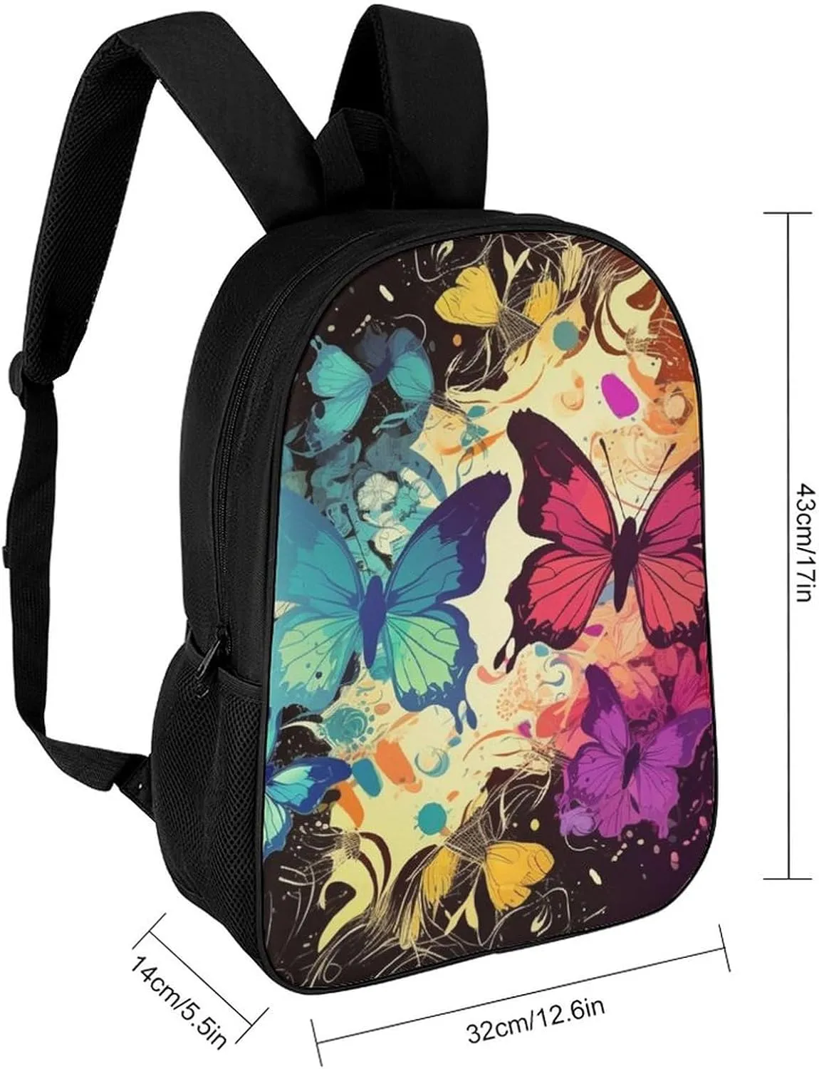 Classic 17 Inch Backpack for Women Men,Colorful Butterfly Pattern Print Cute Casual Daypack Backpacks,Basic Light Weight Back Pack,Travel Hiking Work Laptop Backpack