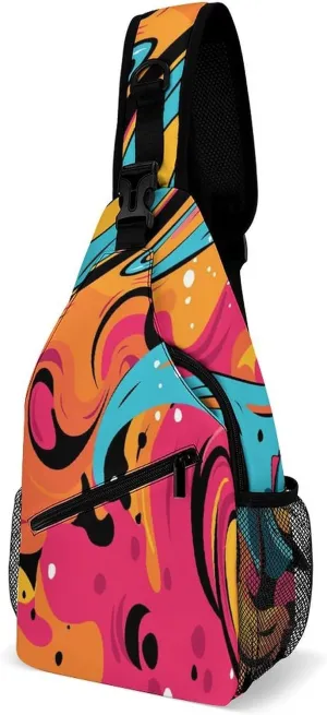 Colorful Graffiti Pop Art Sling Bag Crossbody for Women Men Lightweight Adjustable Extender Strap Shoulder Backpack with Water Bottle Holder Casual Daypack for Hiking Travel