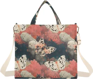 Coral Butterfly Tote Bag for Women Corduroy Handbag Purse with Detachable Strap Small Size