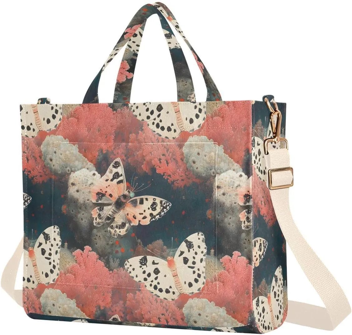 Coral Butterfly Tote Bag for Women Corduroy Handbag Purse with Detachable Strap Small Size