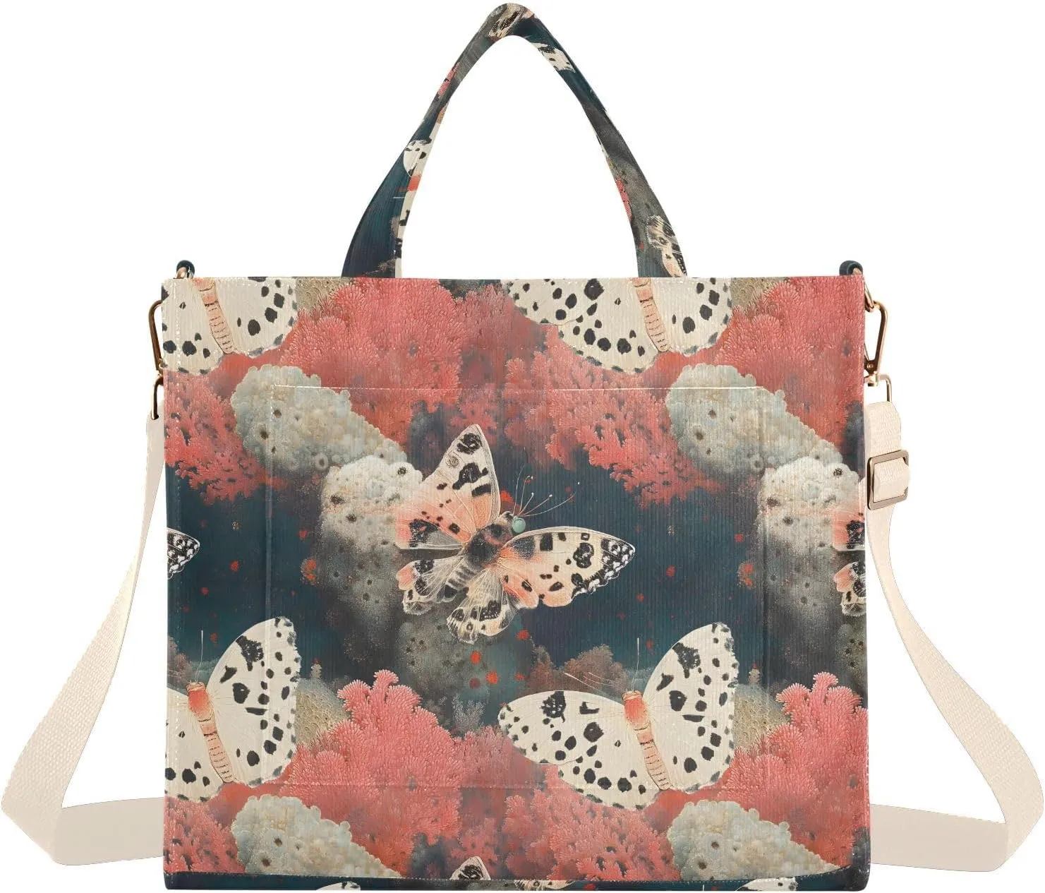 Coral Butterfly Tote Bag for Women Corduroy Handbag Purse with Detachable Strap Small Size