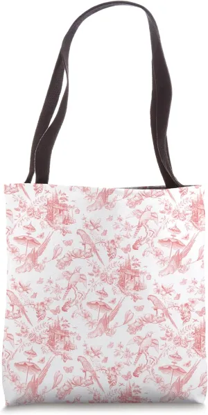 Coral Toile Chinoiserie - Parrots Flowers Butterflies Birds Tote Bag