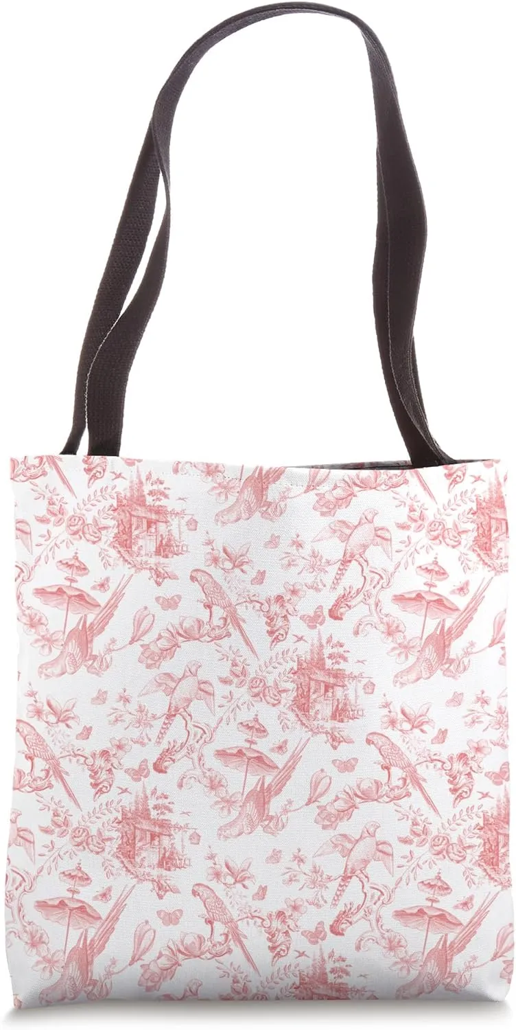 Coral Toile Chinoiserie - Parrots Flowers Butterflies Birds Tote Bag