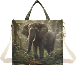Corduroy Women Tote Bag, Handbag Purse with Detachable Strap Jungle Elephant Print Small Size