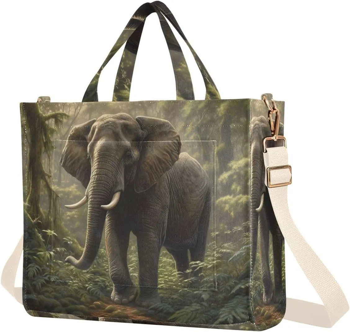 Corduroy Women Tote Bag, Handbag Purse with Detachable Strap Jungle Elephant Print Small Size
