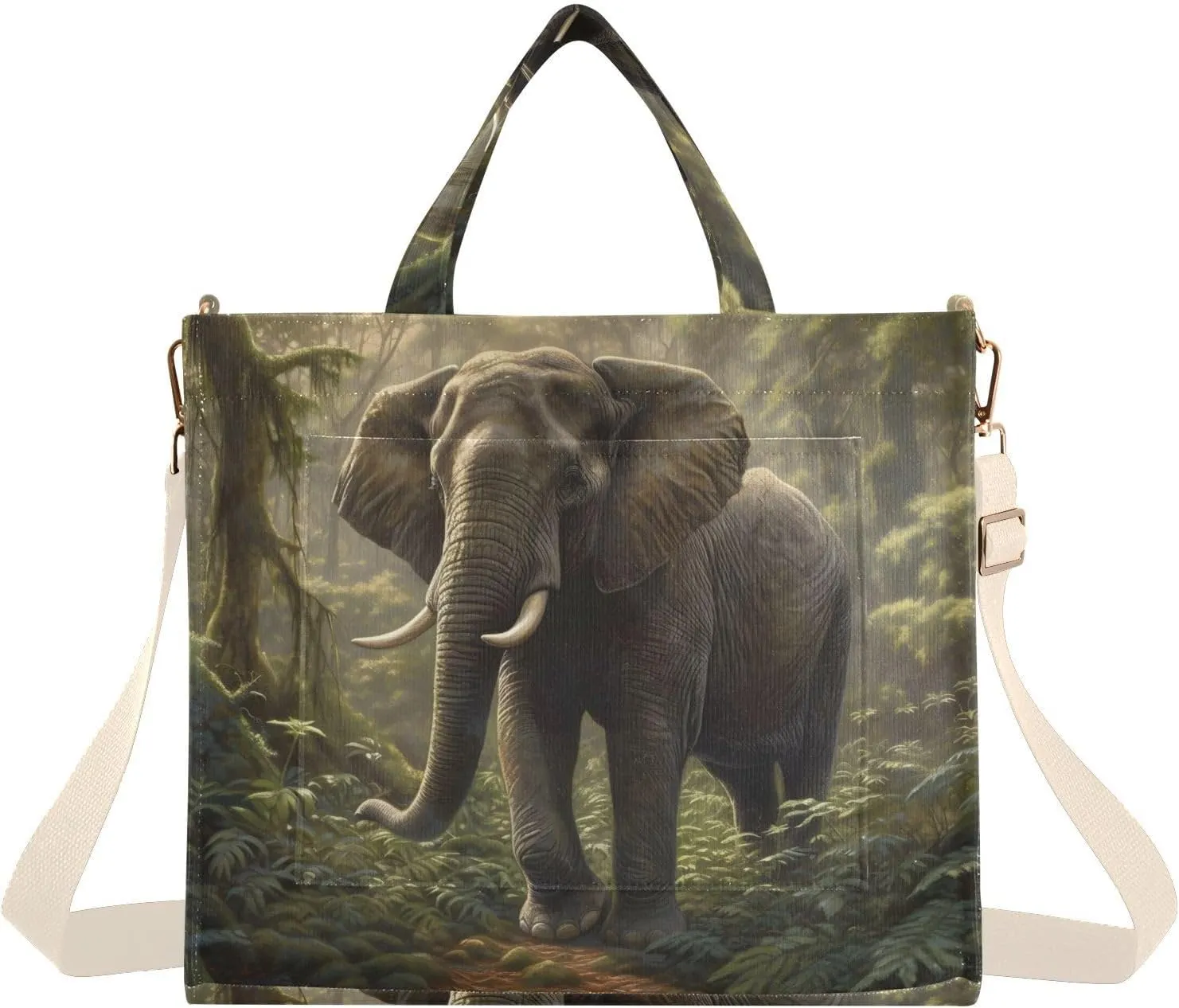 Corduroy Women Tote Bag, Handbag Purse with Detachable Strap Jungle Elephant Print Small Size